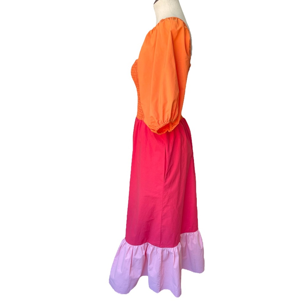 NWT Rhode Eloise Puff Sleeve Colorblocked Midi Dress in Clementine Multi - Picture 8 of 12